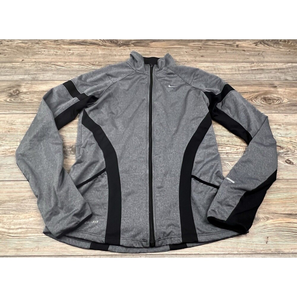 NIKE ELEMENT Jacket Womens S Grey Full Zip Reflective DriFit Running Thumb Holes